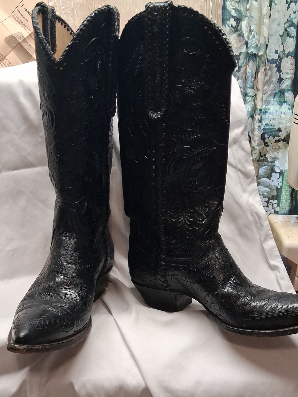 Larry Mahan Black Embossed Leather Western Heeled Boots